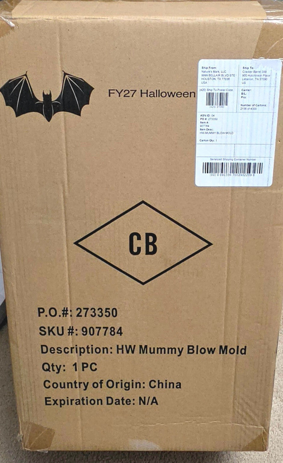 Cracker Barrel Light-Up Mummy Blow Mold with Bat Halloween Decor NWT