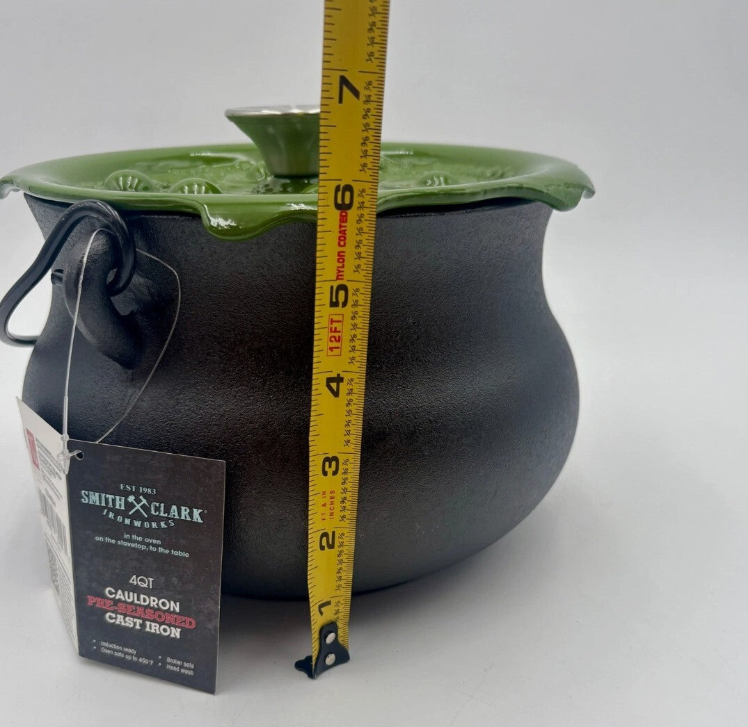 NIB Smith & Clark Cast Iron Witch Cauldron 4QT Pot w/ Green Lid
